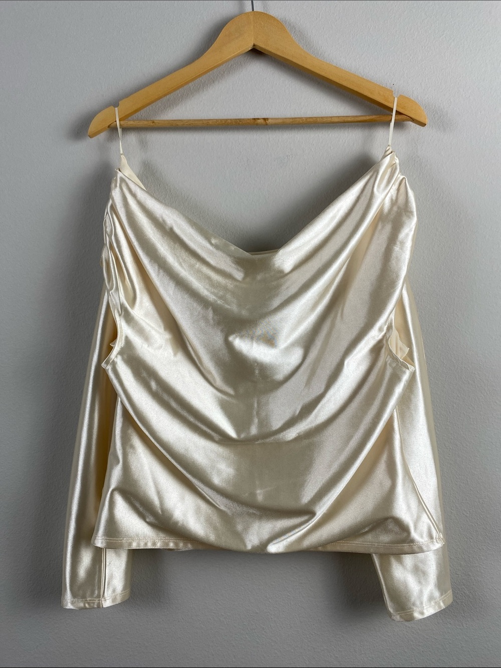 Express Satin Draped Shoulder Top | Swan - Picture 2 of 16